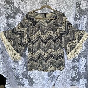Vision XL Bohemian Navy And Cream Fringe Sleeved Top